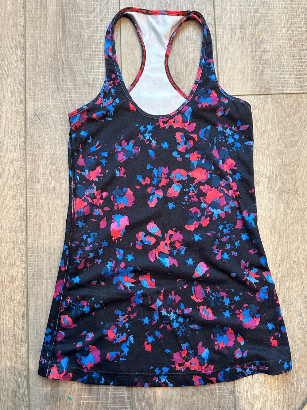 lululemon athletica Black Racerback Tank with Pink & Blue Print